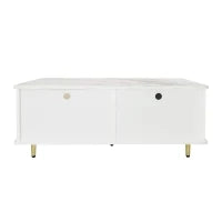 Tavolino da Salotto Moderno con Top Effetto Marmo e Porta in Vetro Temperato, Cassetti Ondulati, Maniglie e Gambe Dorate, 100x50x40 cm, Bianco