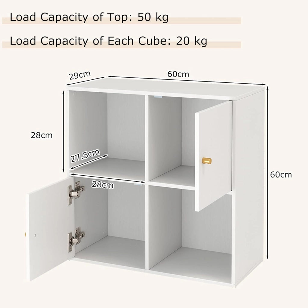 Scaffale per libri con 4 cubi, libreria a 2 livelli con porte, scomparti aperti, mobile ausiliario moderno, per soggiorno, studio, ufficio, 60 x 29 x 60 cm, bianco