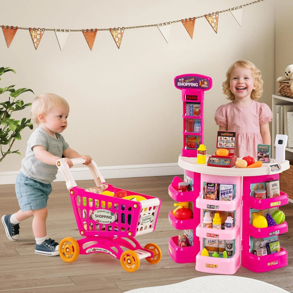 Cassa Gioco Supermercato per Bambini, Supermercato Giocattolo con Carrello della Spesa, Registratore di Cassa, Scanner, Luci e Suoni, Gioco di Ruolo con 29 Accessori (Rosa)