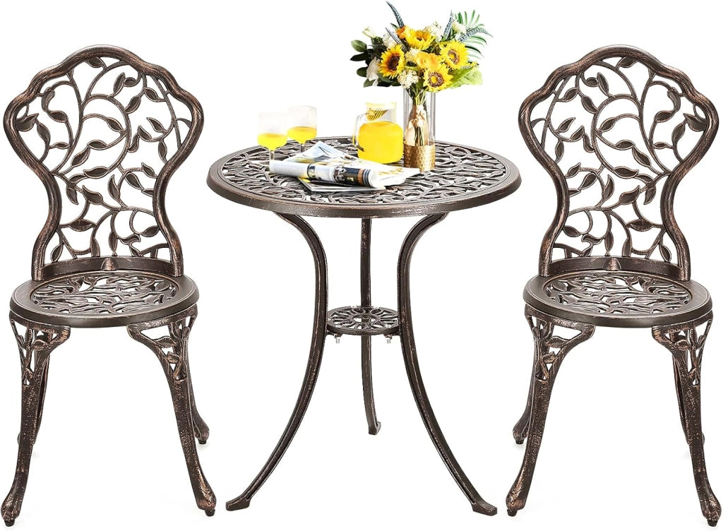 Set da Bistrot Tavolo Rotondo con 2 Sedie in Fusione di Alluminio, Set da Giardino Antico per Esterni Balcone Bordo Piscina, Bronzo