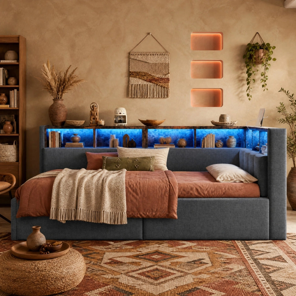 Letto da giorno 90x200 cm grigio con LED, USB e vano idraulico