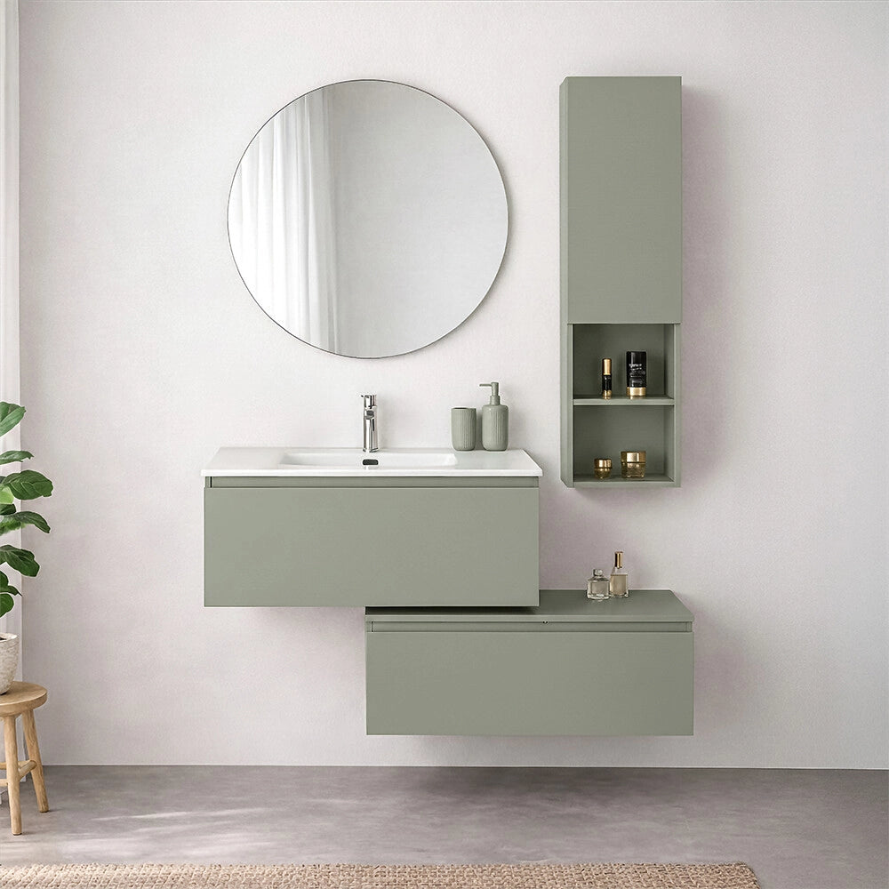 Mobile bagno sospeso 90 cm verde con lavabo integrato e cassetto Nuvola