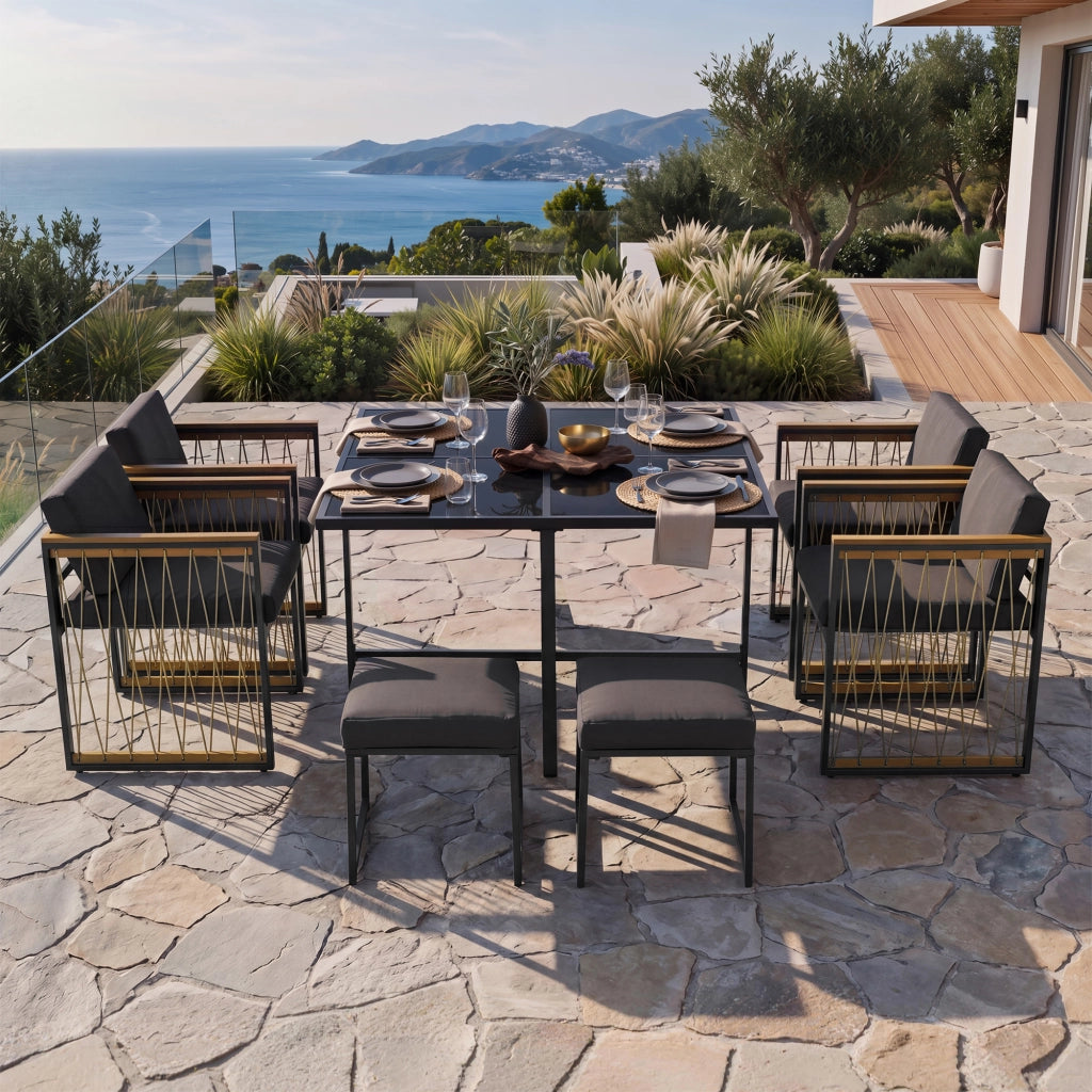 Set da pranzo per esterni da 7 pezzi per 6 persone tavolo in vetro temperato nero con braccioli naturale per giardino