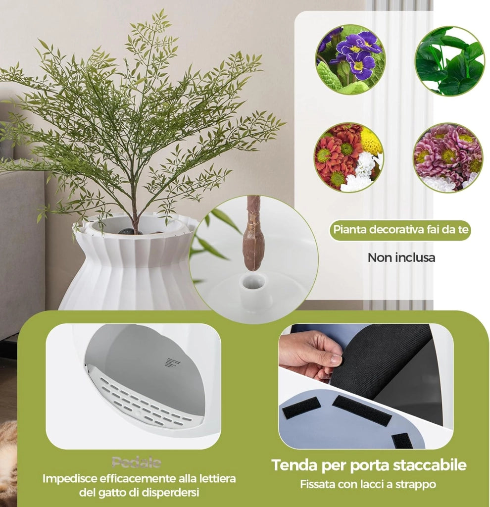 Lettiera per Gatti Smart con Rimozione Elettronica degli Odori e Sterilizzazione, Pianta Finta, Ciottoli, Tenda per la Porta, Paletta, Adatta per Gatti Grandi e Cuccioli (Bianco)