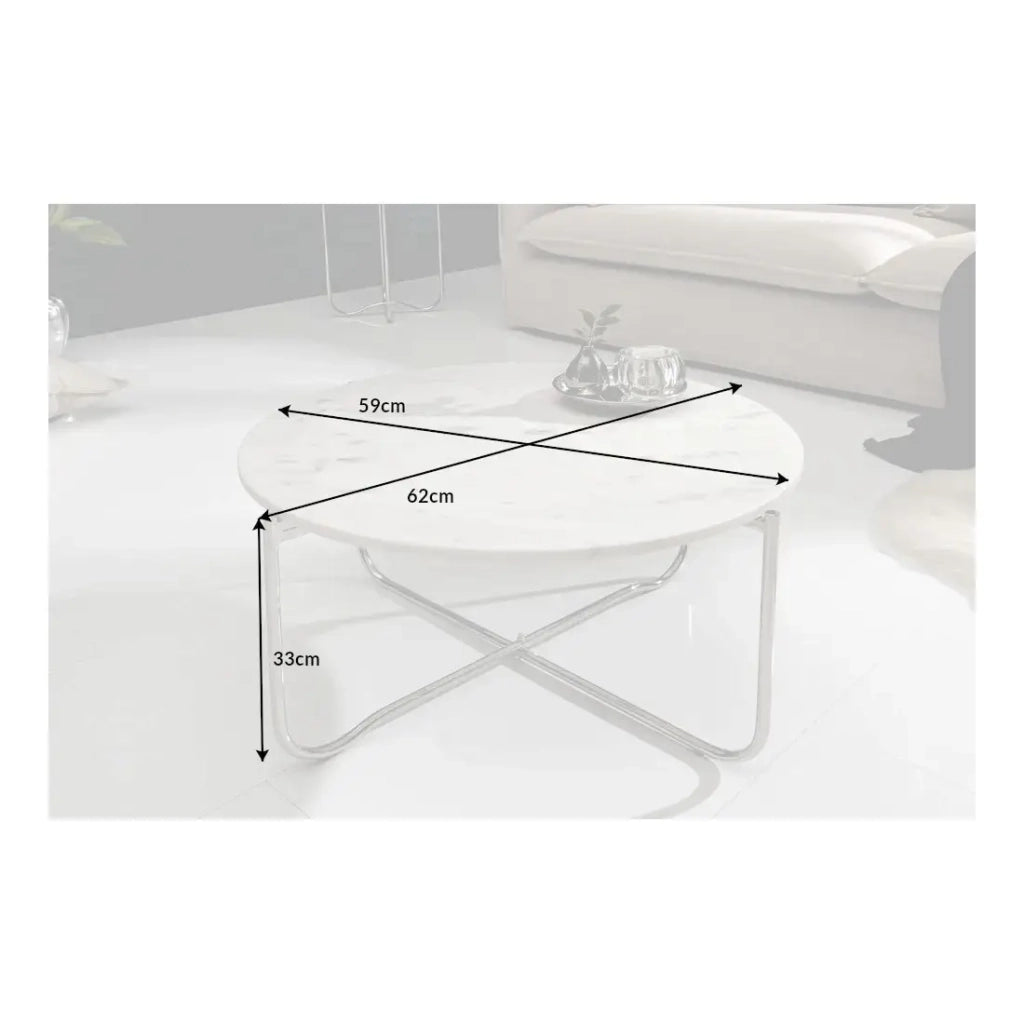 Tavolino basso rotondo VINTORA in marmo bianco e metallo argentato – tavolino pieghevole di design moderno ed elegante