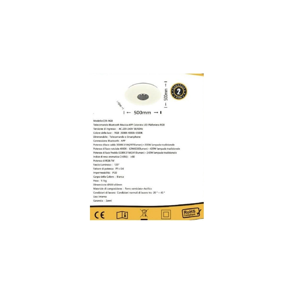 Trade Shop - Plafoniera Led 3in1 Rgb 62w Circolare Cielo Stellato Bluetooth Altoparlante App -