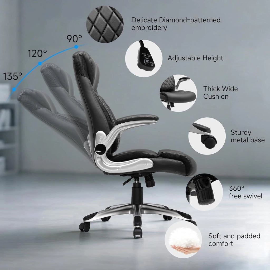 Sedia da ufficio ergonomica, con braccioli pieghevoli e schienale alto, funzione basculante, regolabile in altezza, in pelle, antigraffio