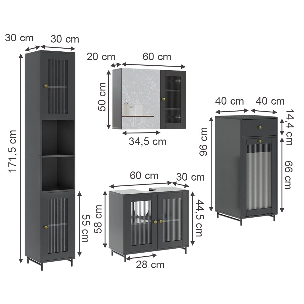 Vicco Set di mobili da bagno Grigio 4 parti