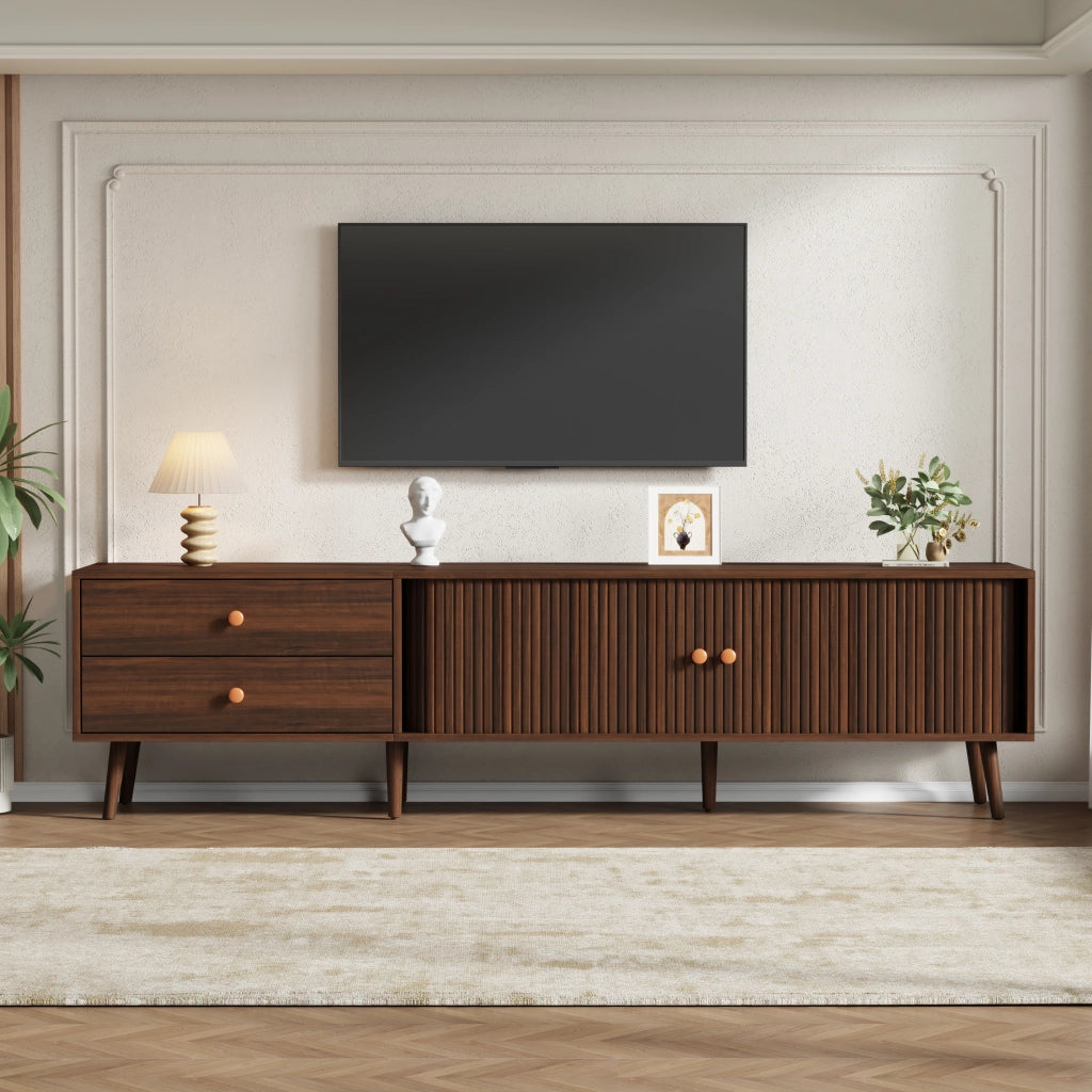 Mobile porta TV con 2 cassetti, 2 ante scorrevoli e 8 piedi, per soggiorno, in MDF, noce, 180 × 40 × 46,5 cm