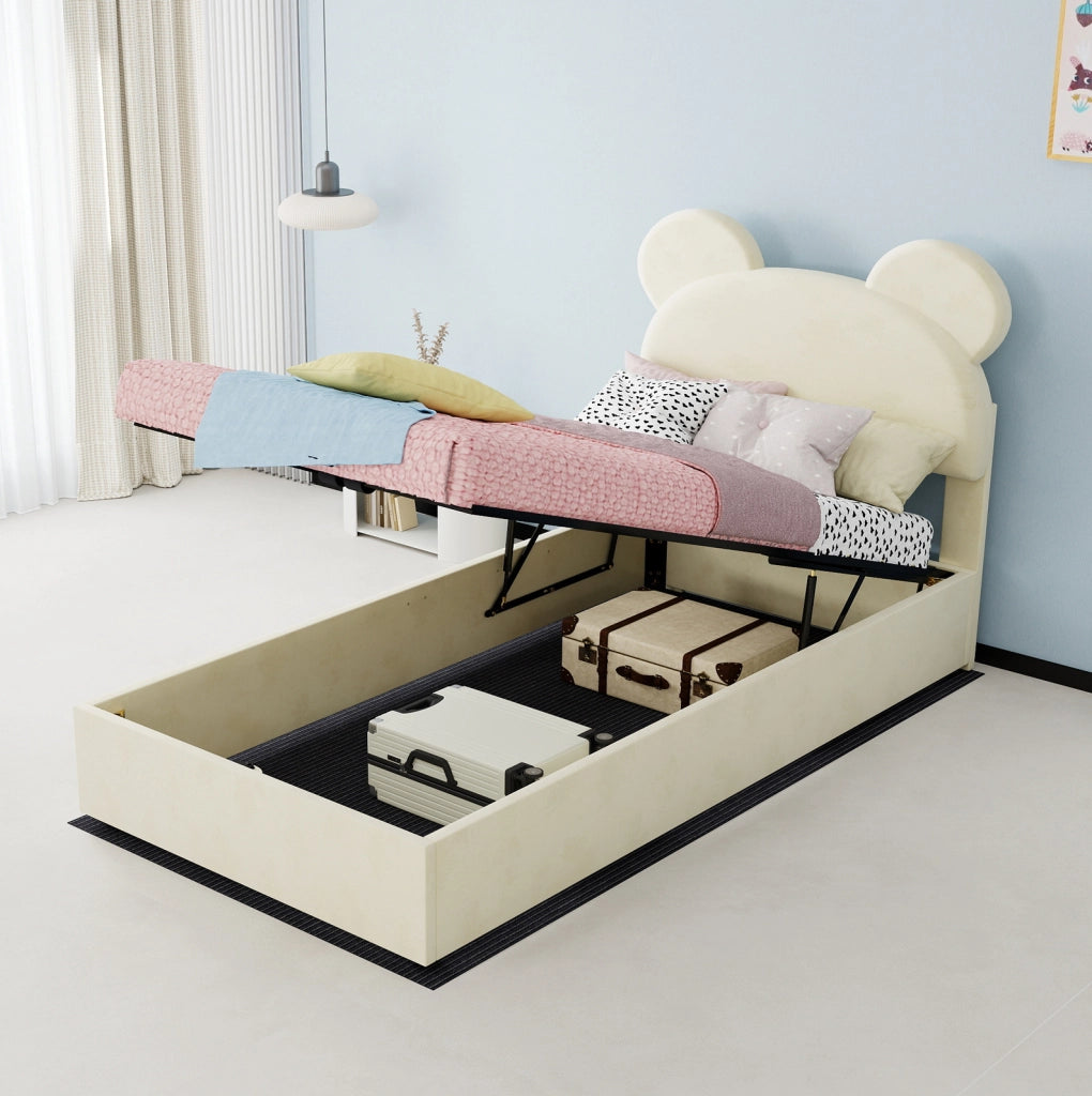 Letto per cameretta 90x200 cm con contenitore pneumatico in tessuto beige