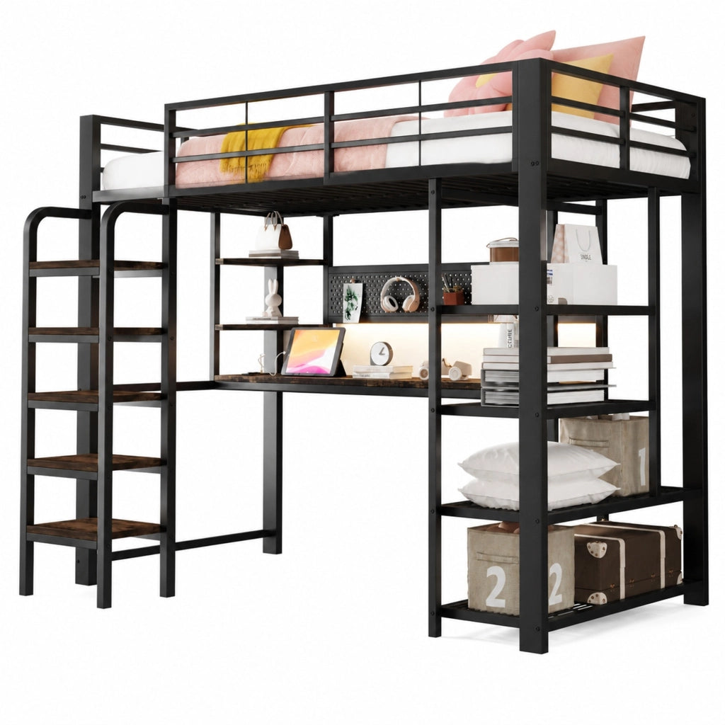 Letto a soppalco 90 × 200 cm con scrivania lunga LED multicolore prese integrate ripiani metallo e legno nero
