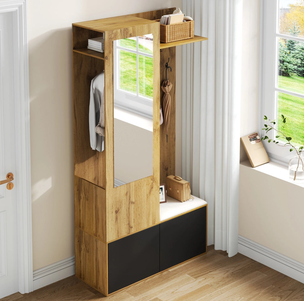 Set Appendiabiti con Specchio, Scarpiera, Panca e Mensola in MDF, 191x100x38 cm, Nero e Legno