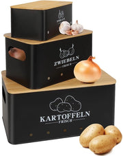 Set di conservazione patate da 3, Contenitore di conservazione patate in legno di bambù, Contenitore di conservazione patate aglio e cipolle, Ciotola per cipolle e ciotola per aglio, Nero