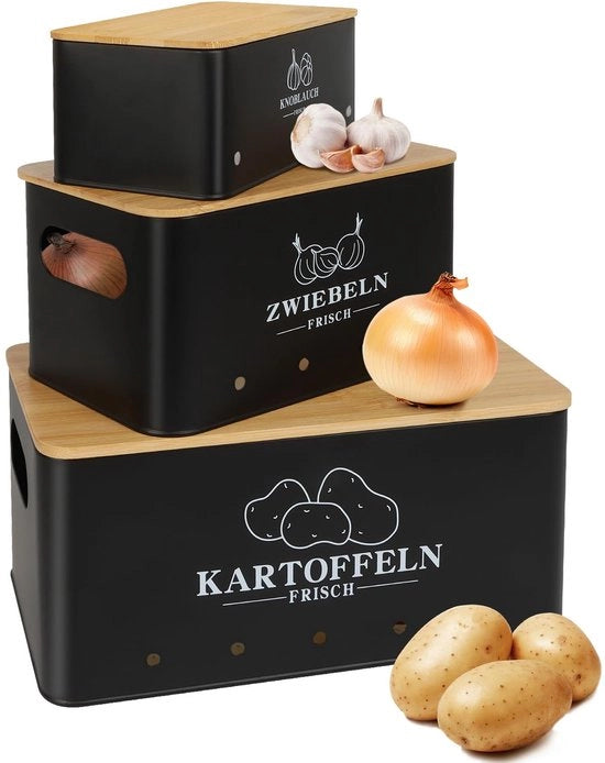 Set di conservazione patate da 3, Contenitore di conservazione patate in legno di bambù, Contenitore di conservazione patate aglio e cipolle, Ciotola per cipolle e ciotola per aglio, Nero
