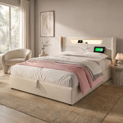 Letto matrimoniale 140x200 in lino beige con LED, USB e Type-C, contenitore sollevabile, senza materasso