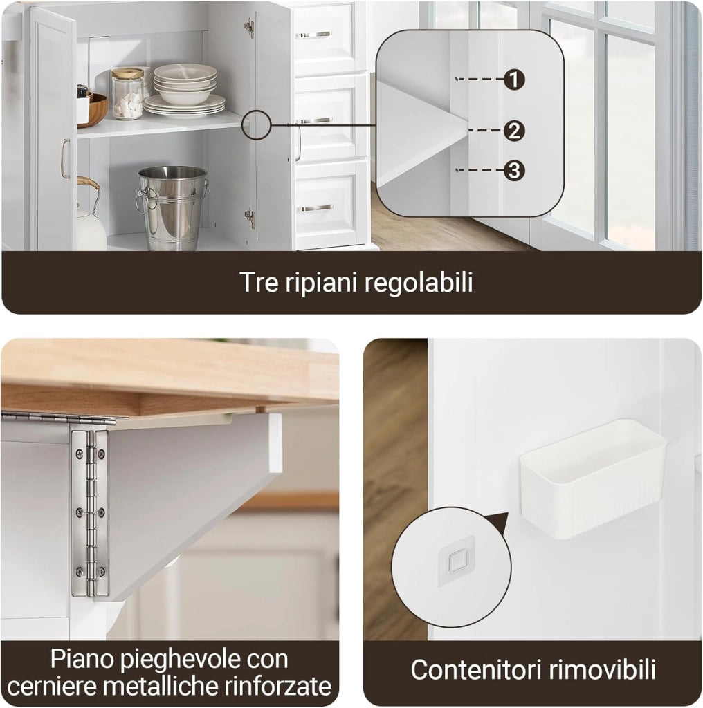isola cucina con piano di lavoro in legno massello allungabile carrello da cucina con ruote mobile cucina con 3 cassetti Bianco 130x91x(46-71) cm FKW41-II-WN