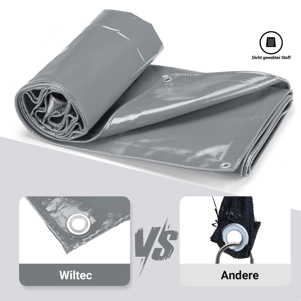Telone occhiellato grigio 3 x 5 m resistente alle intemperie e a raggi UV, impermeabile, robusto telo di protezione in poliestere 650 g/m² con rivestimento in PVC