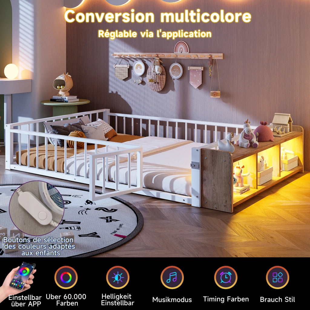 Letto in metallo con cassetti LED 140x200 MDF bianco e metallo