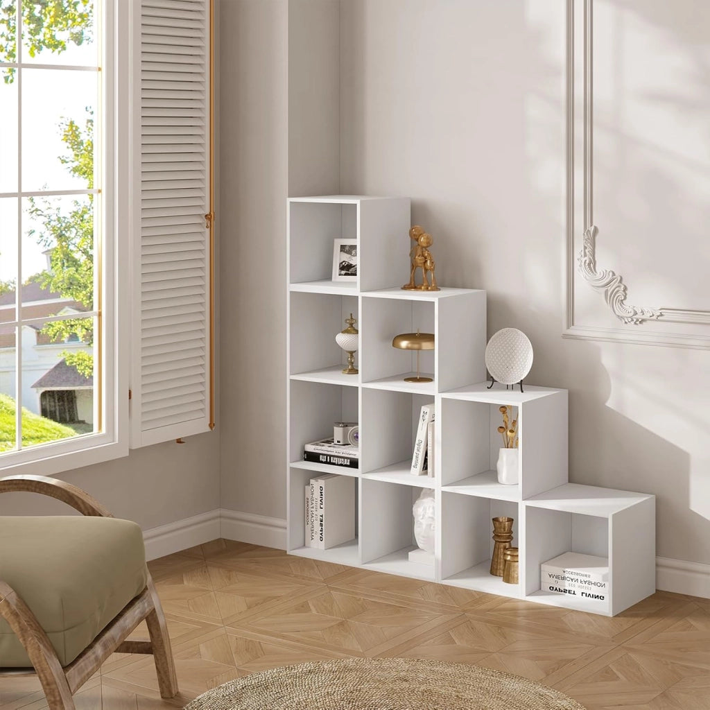 Libreria Scaffale, Libreria a 10 Cubi, Scaffale a Scala Componibile, Mobile Portaoggetti in Legno, Divisorio per Camera da Letto, Soggiorno, Ufficio, 120x30x120cm, Bianco, SK035ws