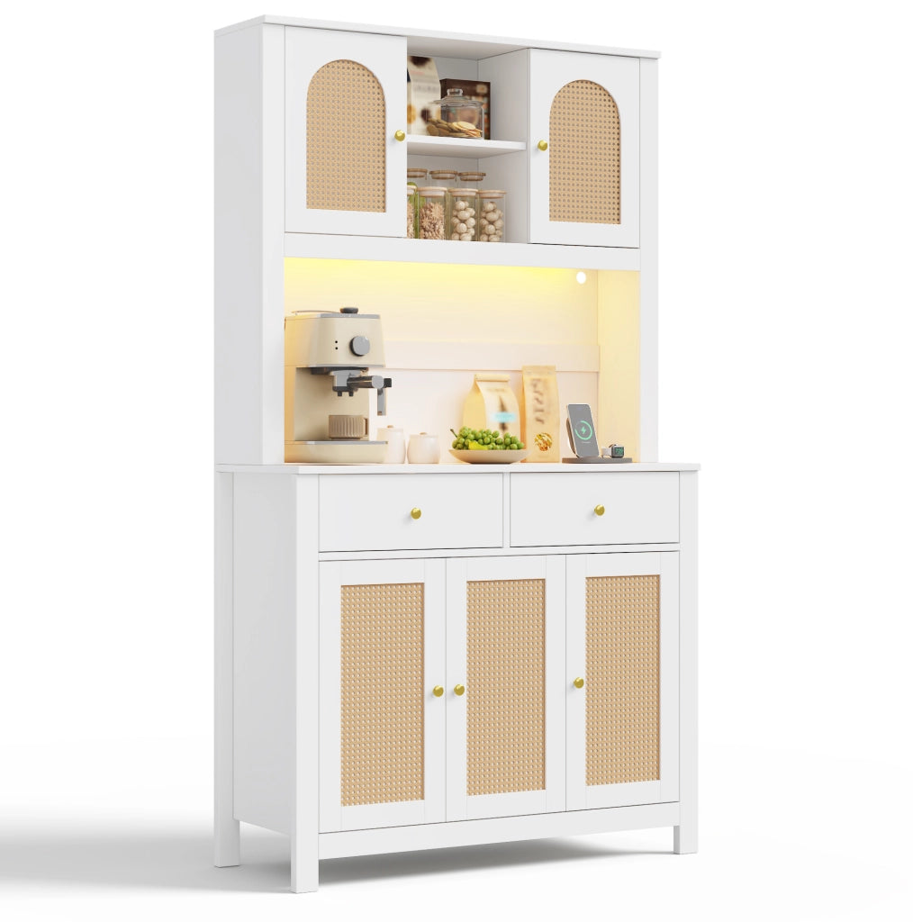 Mobile cucina alto 100x40x180 cm in MDF bianco con LED RGB; prese e cassetti