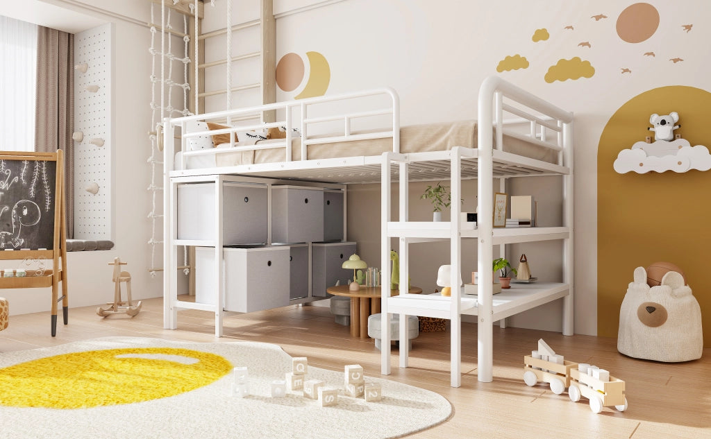 DESMIU Letto a soppalco basso per bambini 1 posto con scala larga, cassetti e ripiani, 90 × 200 cm, senza materasso