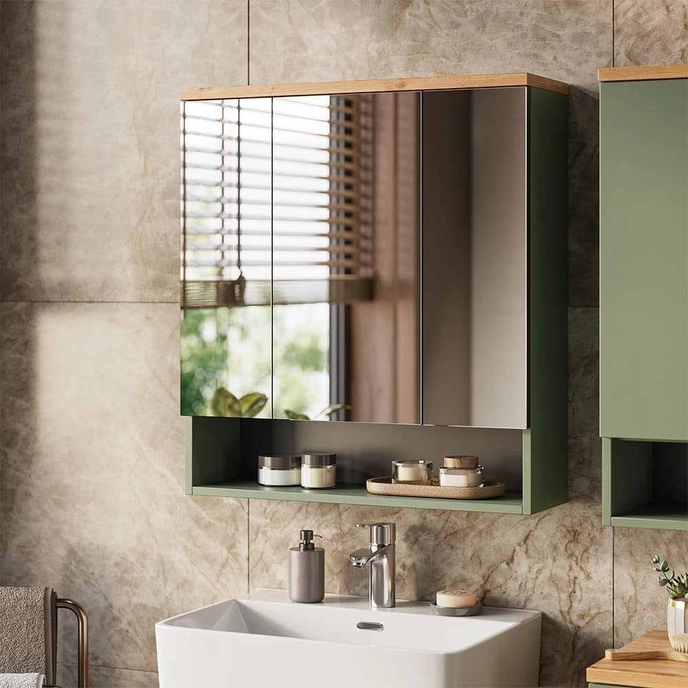 Specchio contenitore bagno Eden, Verde, 70 x 77.5 cm con 3 ante a specchio, ampio spazio di archiviazione per gli accessori del bagno