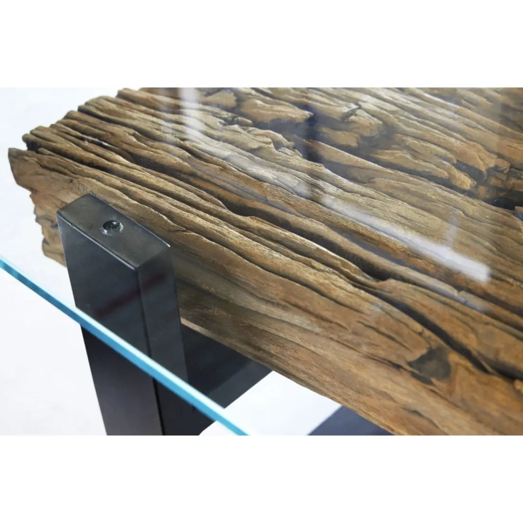Tavolino basso RAFTA 130 cm in teak riciclato con vetro temperato – Gambe in metallo nero a U