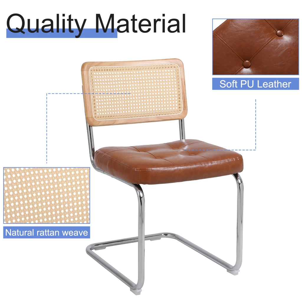 Set 2 Sedie da Pranzo ¨C MINIMAL ¨C Rattan, Similpelle, Schienale Mesh, Gambe Metallo, Marrone