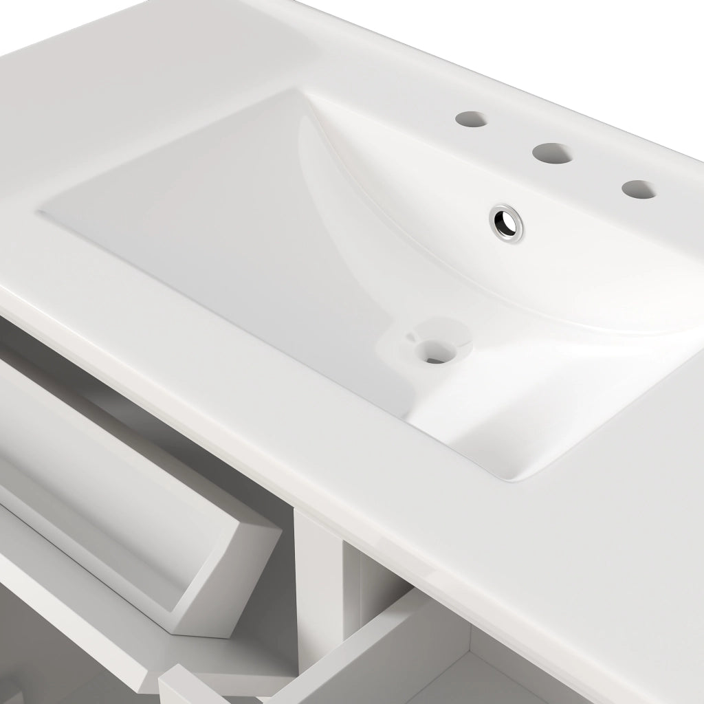 Mobile sottolavabo con lavandino in ceramica, 2 ante e 5 cassetti, per bagno, in MDF e ceramica, bianco, 90 × 46 × 87 cm