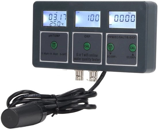 Multiparametro Tester di Acqua per Acquari - PH Metri - 8 in 1 - Monitoraggio Online - Acquario - Ricaricabile - Preciso e Facile da Usare