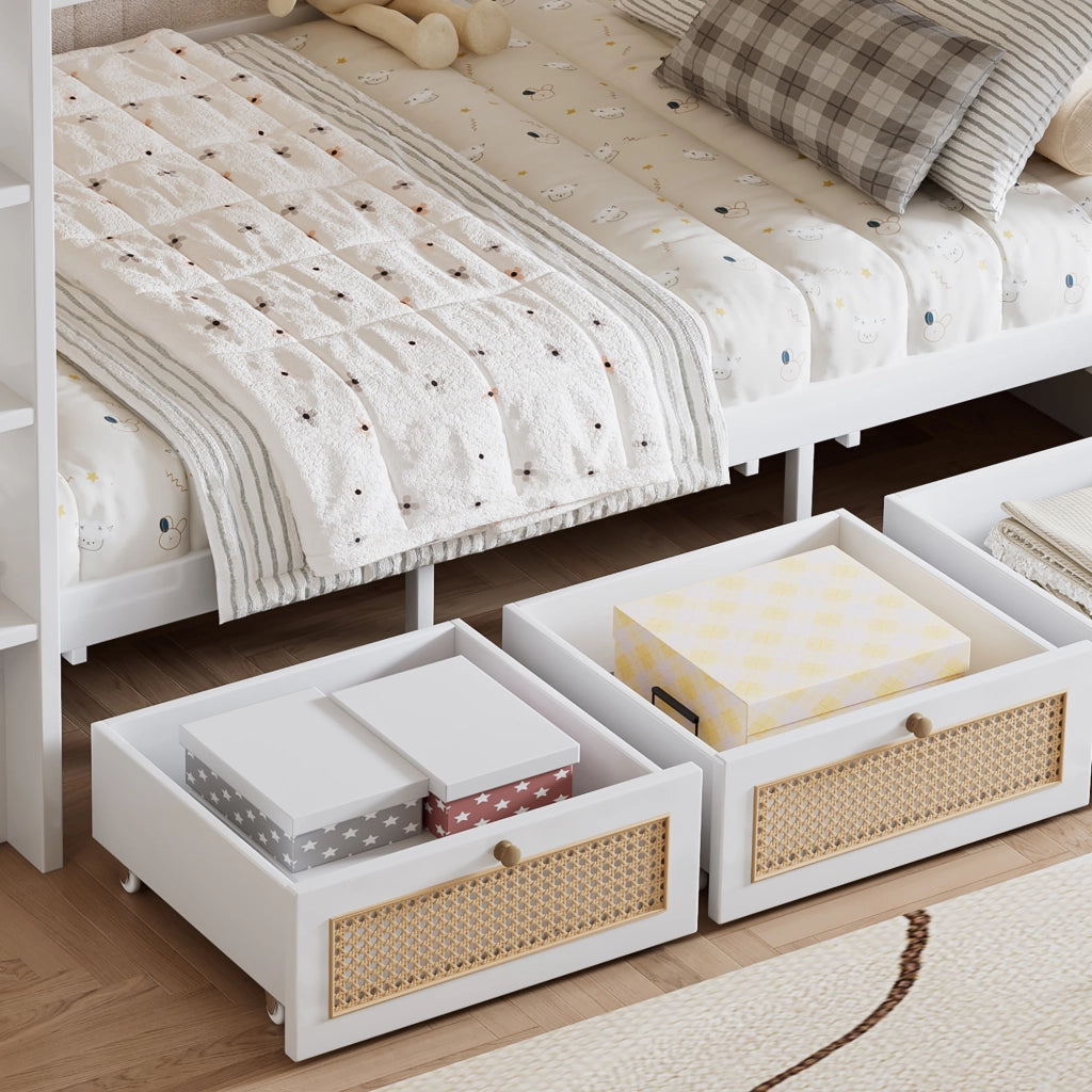 OKWISH Letto a Castello 90×200 cm, Letto Singolo con 3 Cassetti, Scala e Sponde di Sicurezza, senza Materasso, in Legno, Bianco e Naturale