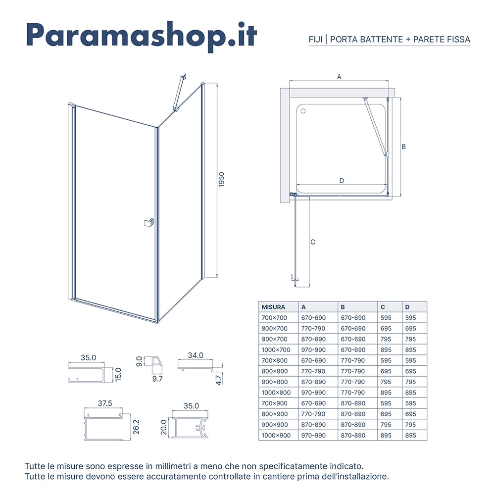 Box doccia 80x80 cm con apertura a battente e parete fissa, profili cromati e vetro da 8mm trasparente h195 | Fiji