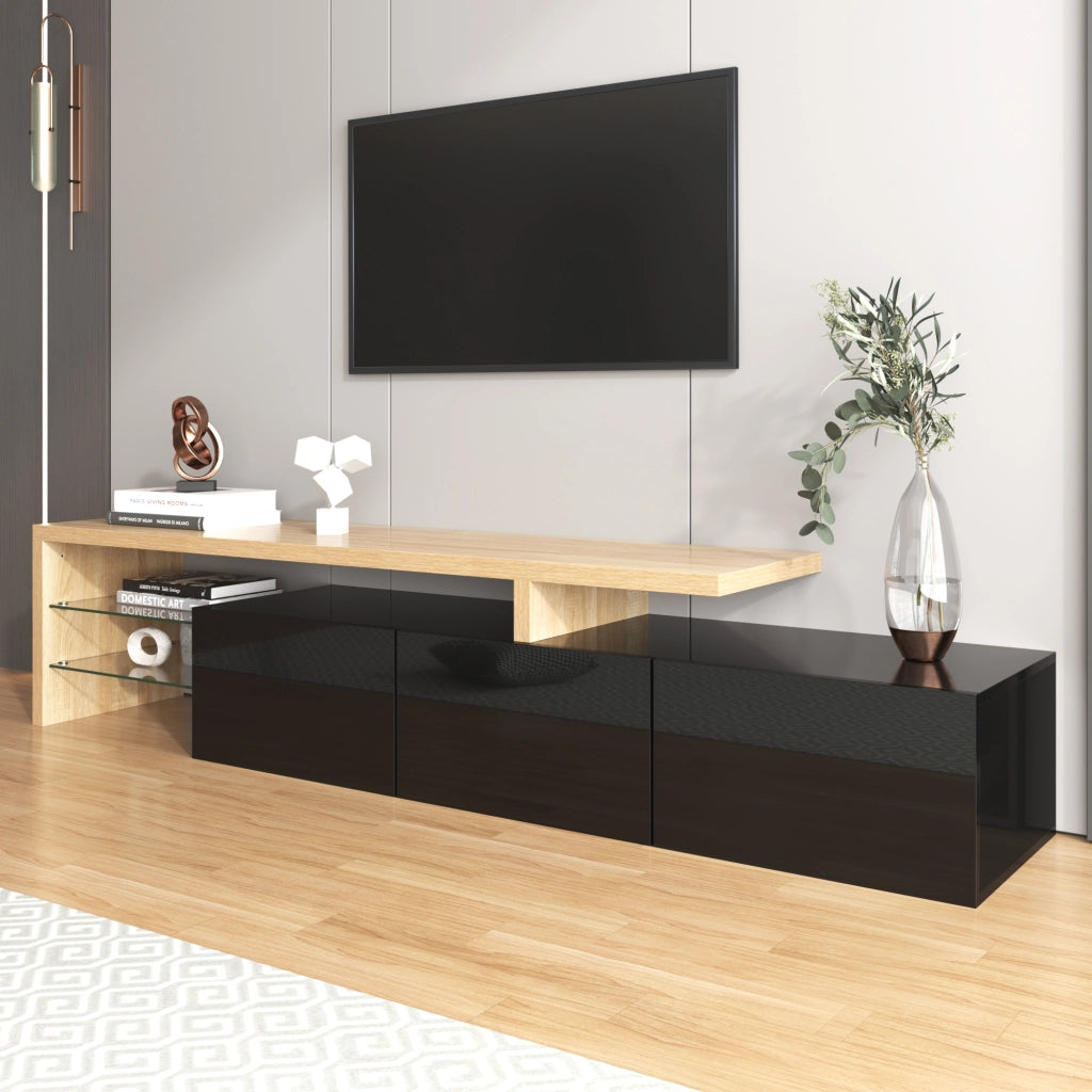 Mobile porta televisore moderno nero lucido e legno con 3 vani, ripiani in vetro e illuminazione
