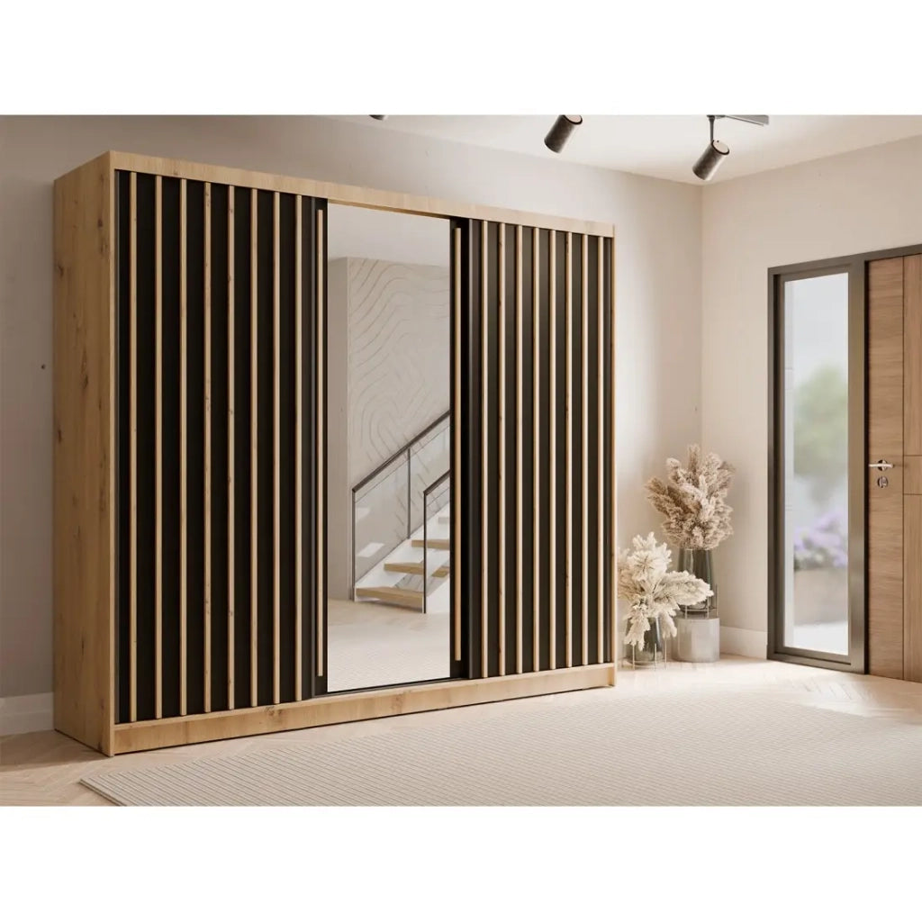 Armadio KAZU 3 porte scorrevoli con specchio in quercia e grigio grafite 248 cm