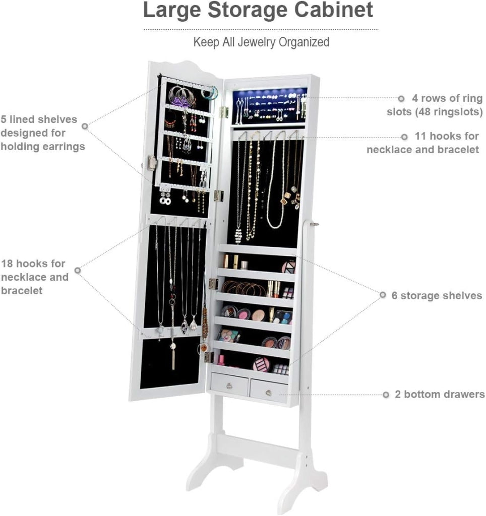 Armadietto per Gioie, Portagioie Verticale, Armadietto con 14 Luci a LED, Specchio Regolabile in Altezza, Armadietto con Specchio, Supporto Triangolare, Legno (bianco)