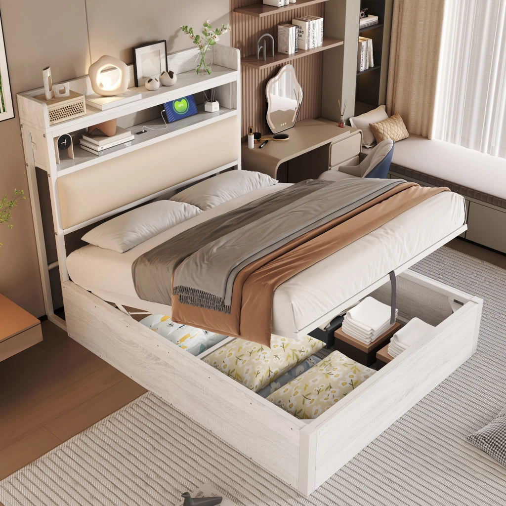 OKWISH Letto Contenitore 90×200 cm, Letto Singolo con Sollevamento Idraulico, USB e Testiera Imbottita, senza Materasso, Bianco