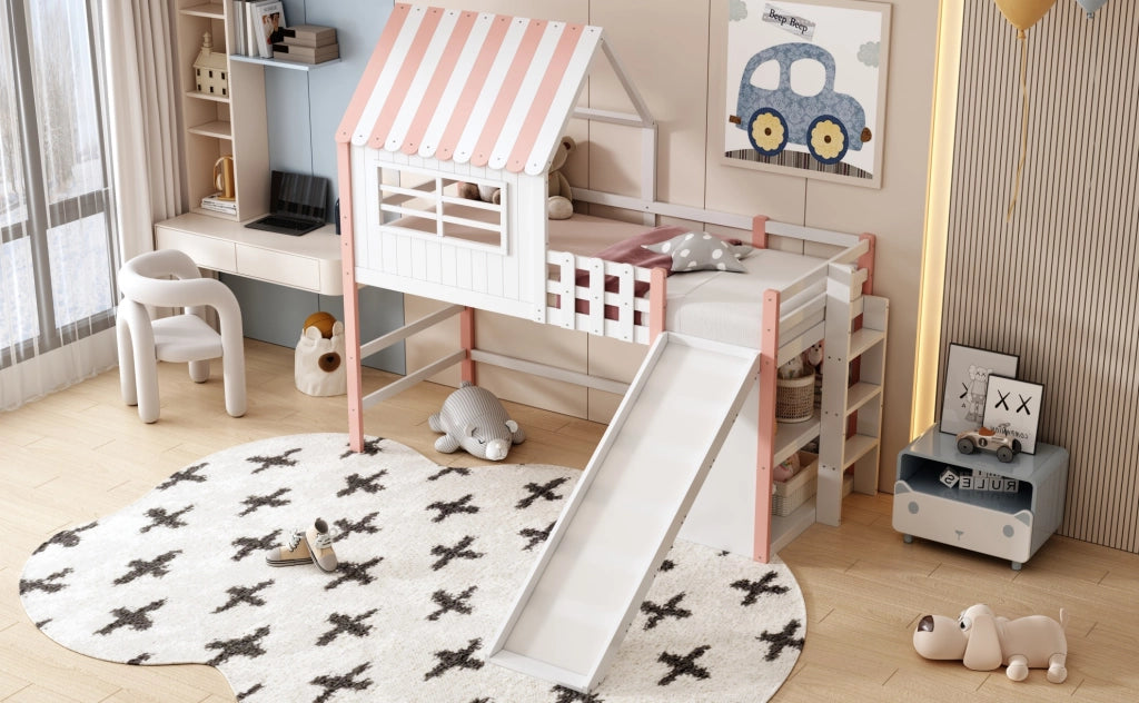 Letto a soppalco 90x200 cm con scivolo e scala in legno e MDF rosa
