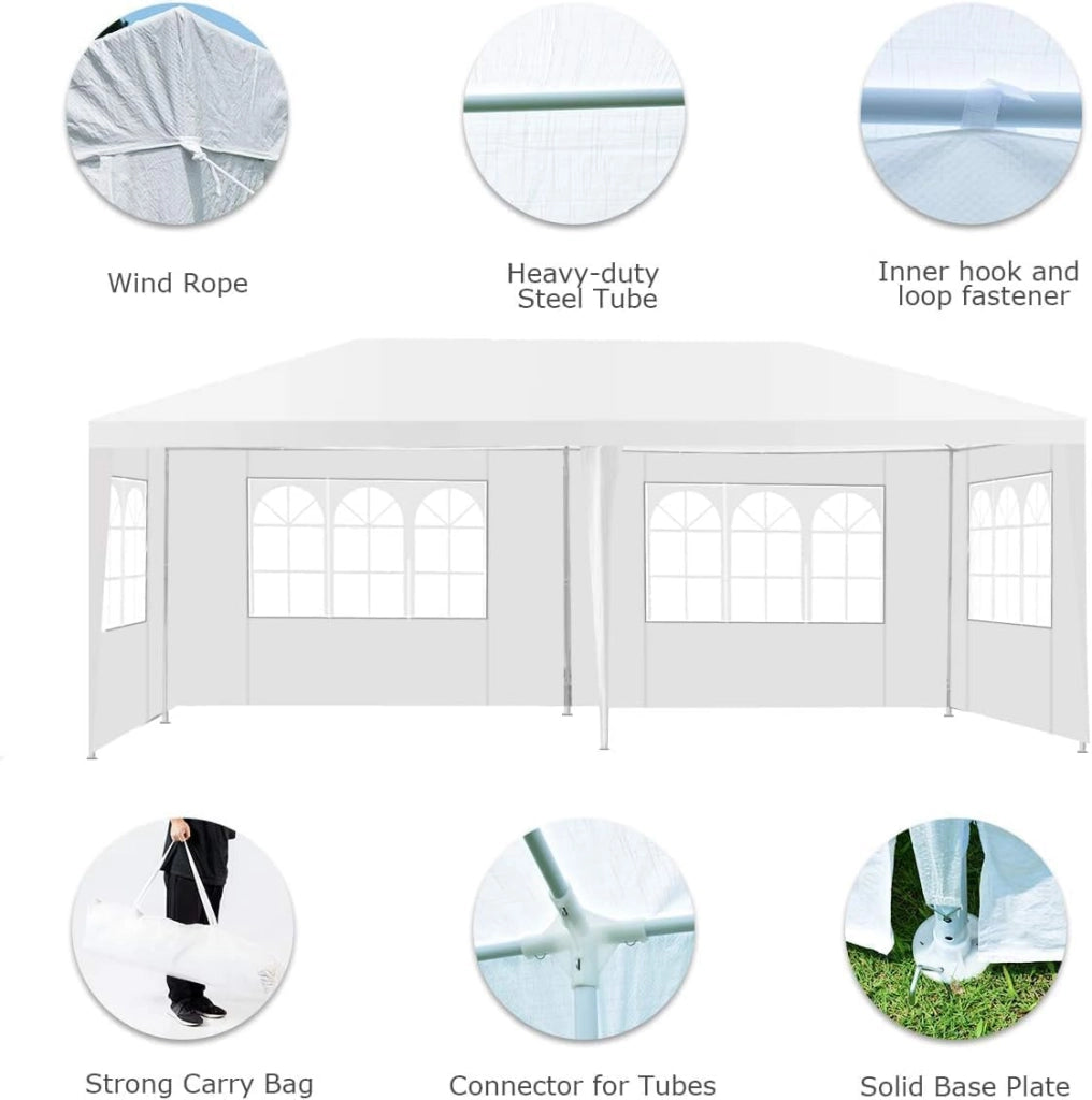 Tenda da Giardino, 3 x 6 m, Portatile, con Borsa per Trasporto, Gazebo Pieghevole con Pareti Laterali e Finestre, Tenda da Giardino per Feste, Bianco