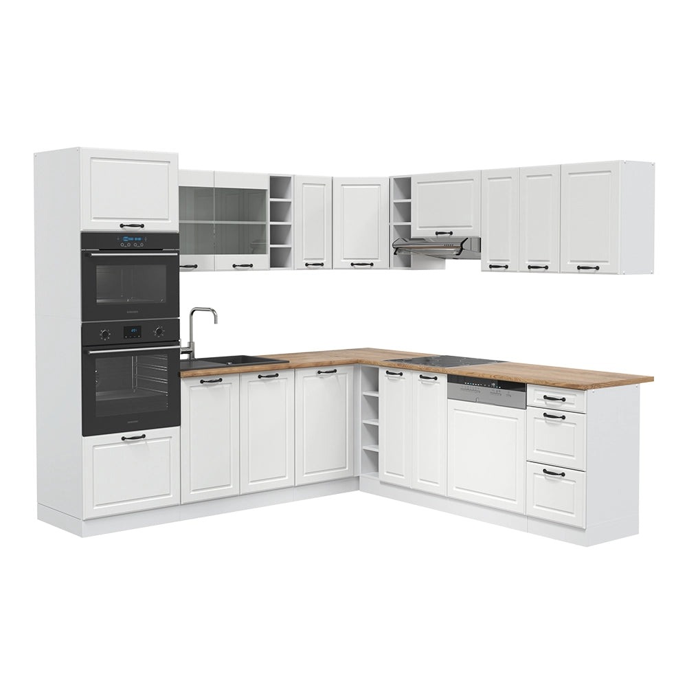 Vicco Cucina angolare completa Casa di campagna bianca/bianco 237 x 60 cm senza piano di lavoro