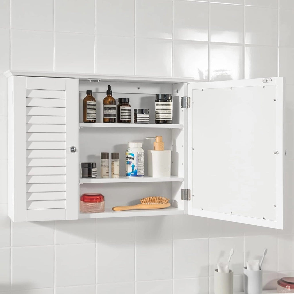 Pensile Bagno Mobile Bagno Sospeso con Specchio, 65 x 15 x 49 cm, Design 2 in 1, Soluzione Salvaspazio per Piccoli Bagni BZR55-W