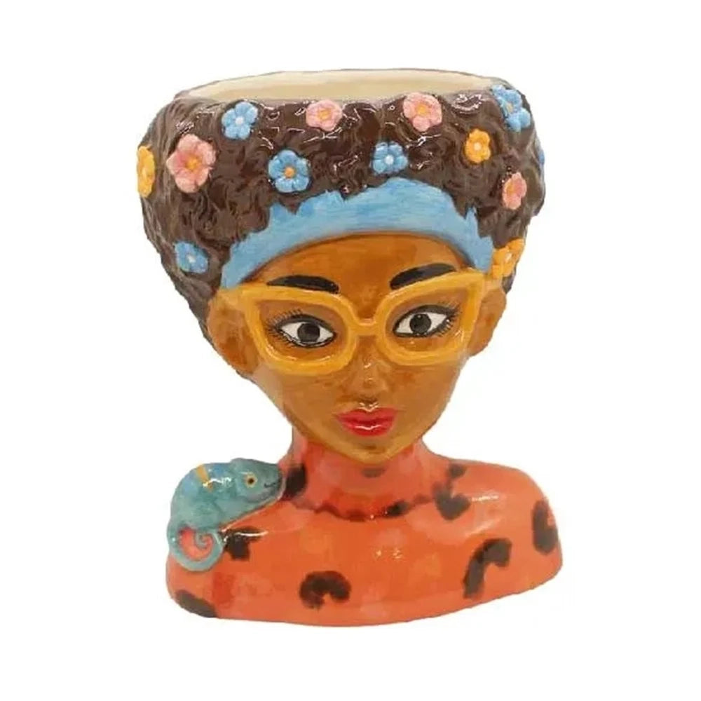 Trade Shop - Vaso Portapianta Statua Donna Con Occhiali Gialli In Ceramica Colorata 20x16x25hcm 9013649 -