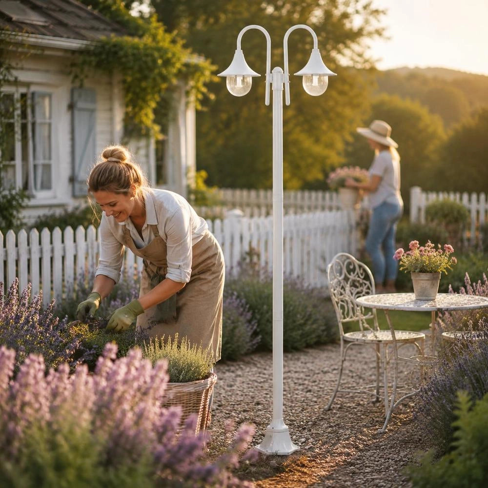 Garden Bollard Light E27 220 Cm Aluminium 2-lantern White