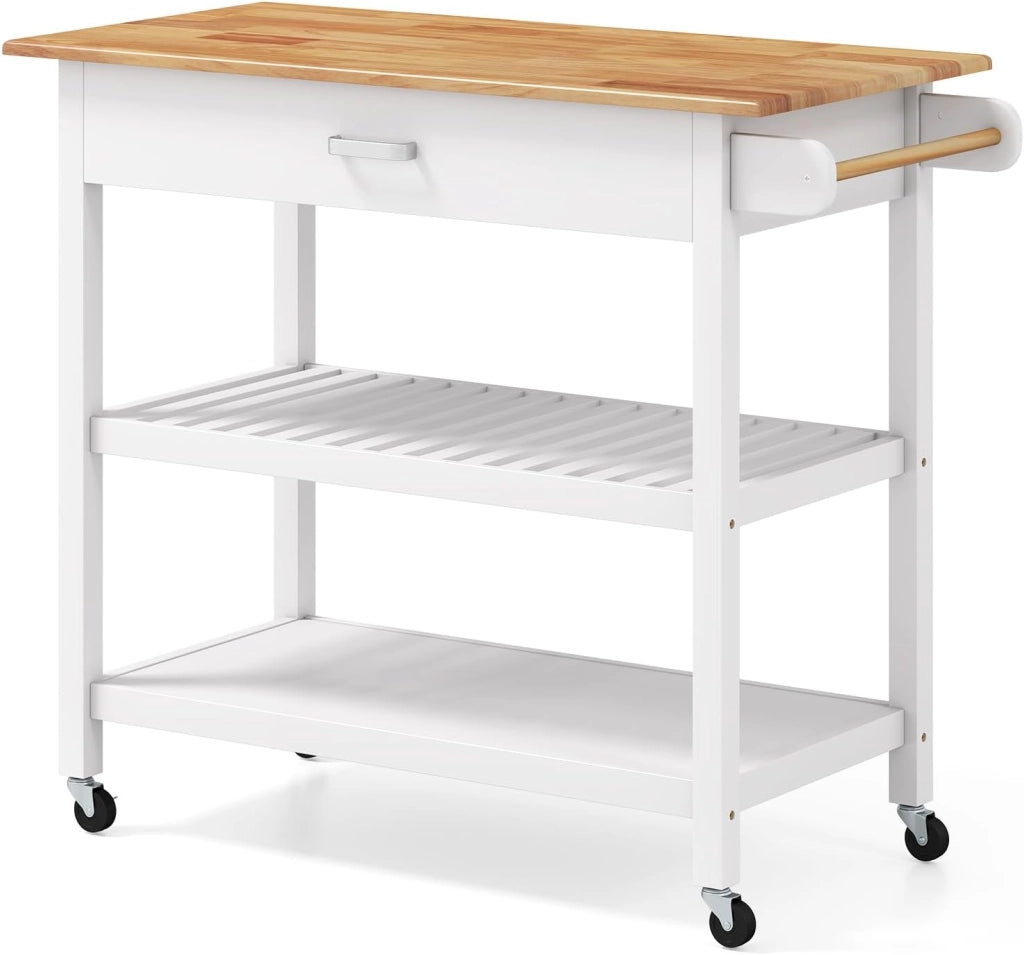 Carrello da cucina con piano di lavoro, armadio da cucina con ruote, carrello da portata con cassetto e 2 ripiani aperti, carrello da cucina con portasciugamani, mobile da cucina, in legno