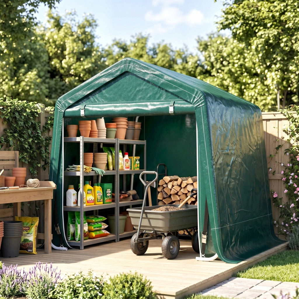 Garage Moto per Esterno 2.4x2 m, Tenda Garage per Attrezzi in Metallo e Tessuto PE, per Moto e Biciclette, Verde