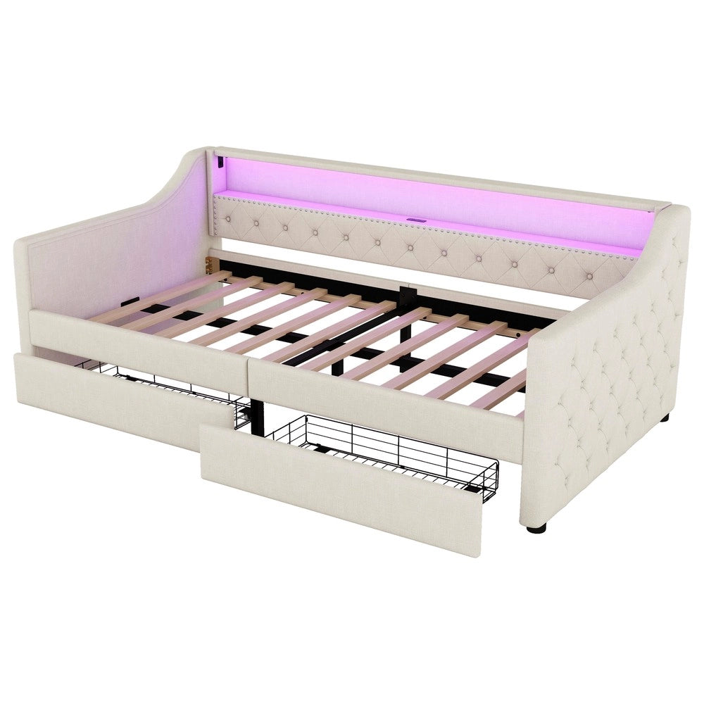 Letto Singolo con Doghe e Cassetti ¨C MINIMAL ¨C Beige, Tessuto Linen, 90x200, Luce LED