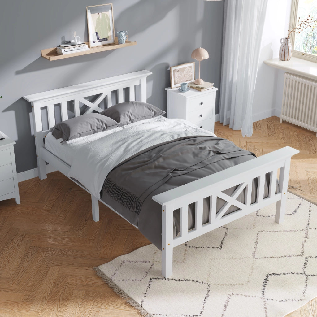 OKWISH Letto Singolo con Cassetti 90×200 cm, Letto con Testiera a X, 2 Cassetti e Doghe Integrate, senza Materasso, Bianco