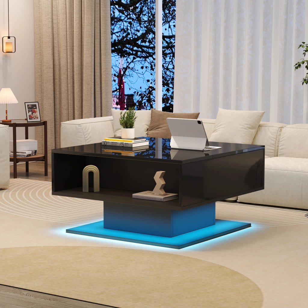 Tavolino da Salotto Sollevabile con LED e 2 Spazi Contenitore; Lucido; in Pannelli di Particelle; 80×75×40 cm; Nero