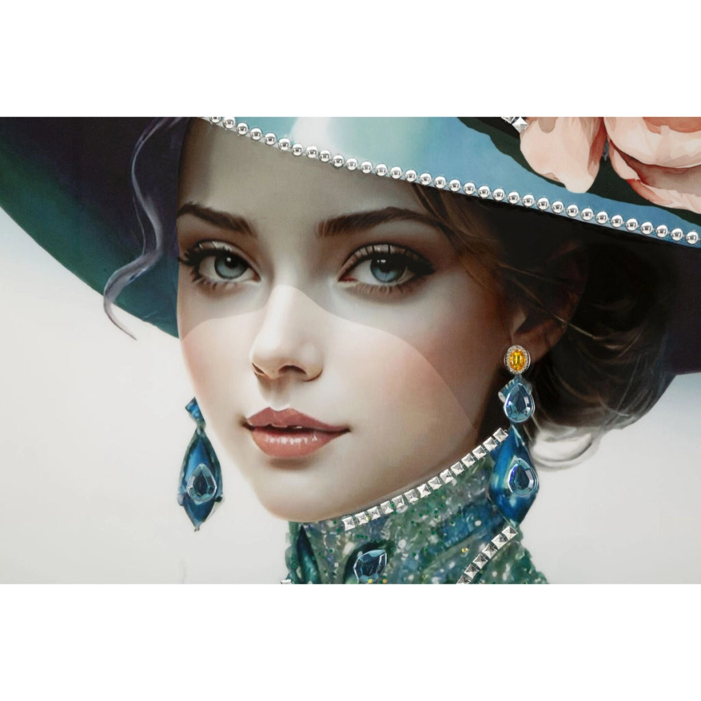 Dipinto su tela Pam B dama con cappello blu e smeraldi, 62x92 cm