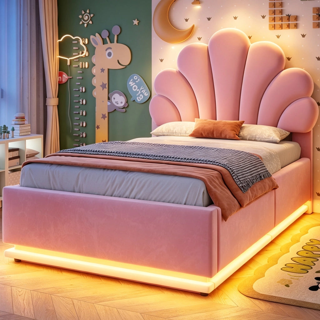 Letto singolo 90×200 cm con contenitore idraulico; LED e testiera a fiore; senza materasso; velluto; rosa