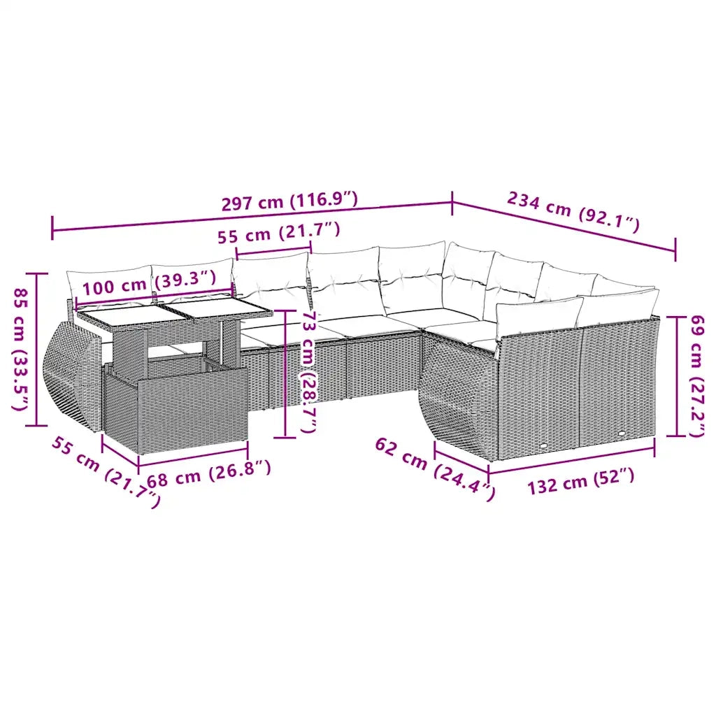 Set Divani da Giardino 10 pz con Cuscini Marrone in Polyrattan 3268774